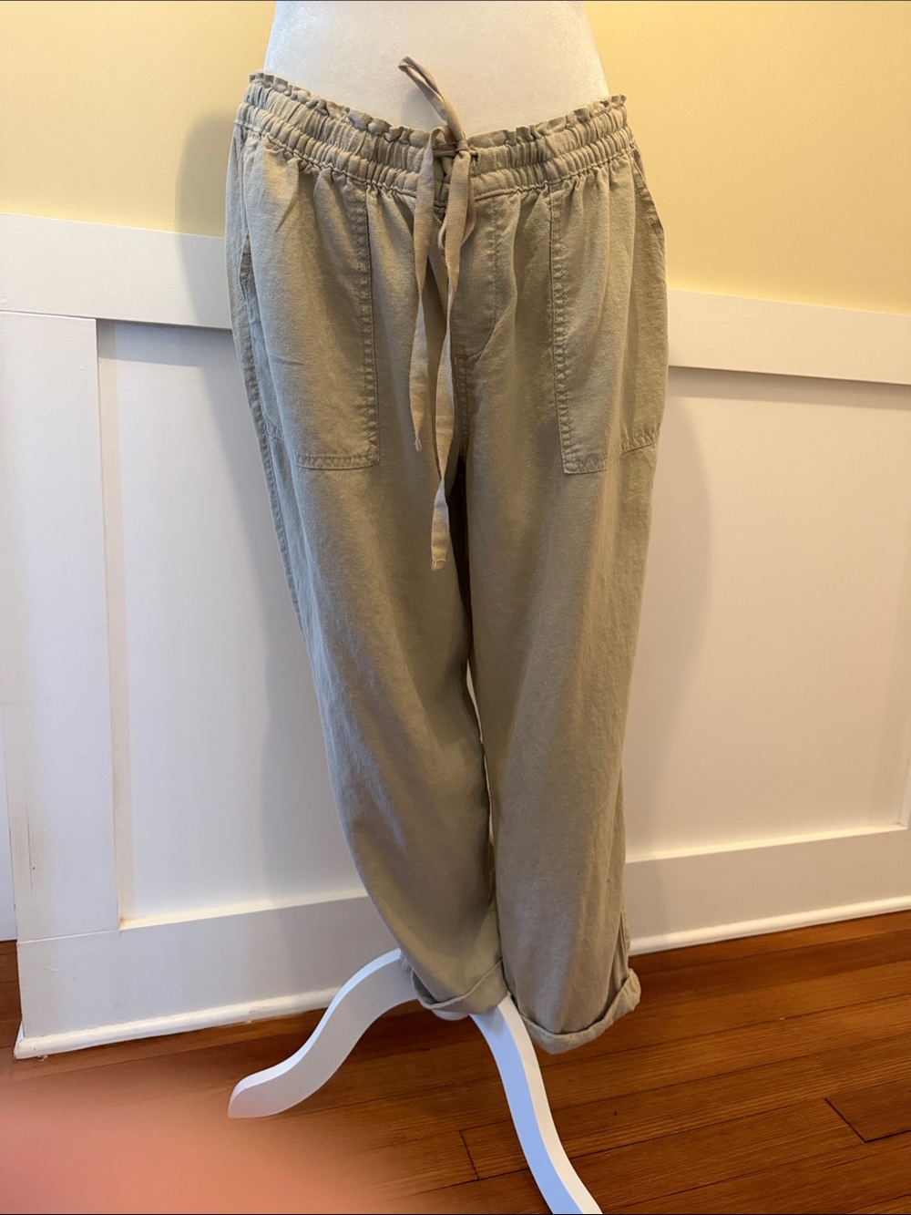 Linen Blend Casual Drawstring Cargo Pants - Tan